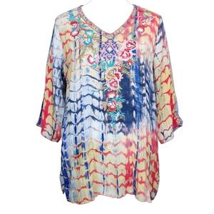 Caleoas‎ Blouse Tunic Sz XL Multicolor Tie Dye Embroidered Top Boho Romantic